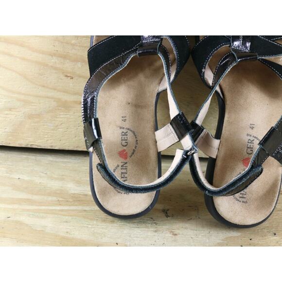 Haflinger Sandals Womens 10 Black Velvet Patent Leather 41 Slingback Wedge - Picture 7 of 8